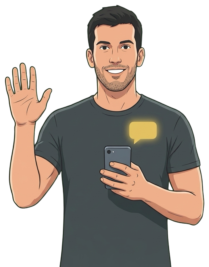 Illustration of Xavi Creus waving with his phone in hand