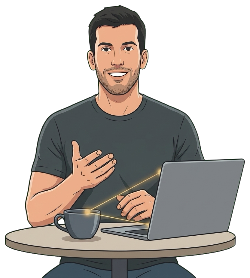 Illustration of Xavi Creus talking over a coffee with a laptop open