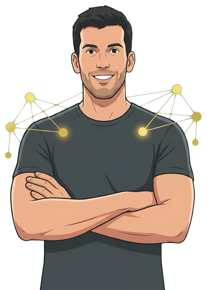 Illustration of Xavi Creus, arms crossed, smiling, with a glowing network of nodes around him